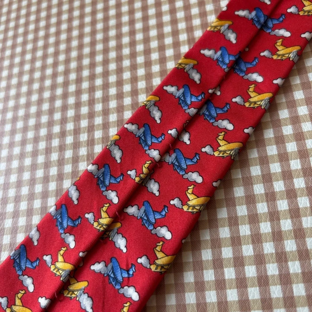 Robert Talbott Silk Print Tie - Airplanes red. Hand‎ sewn Made in USA. Classic